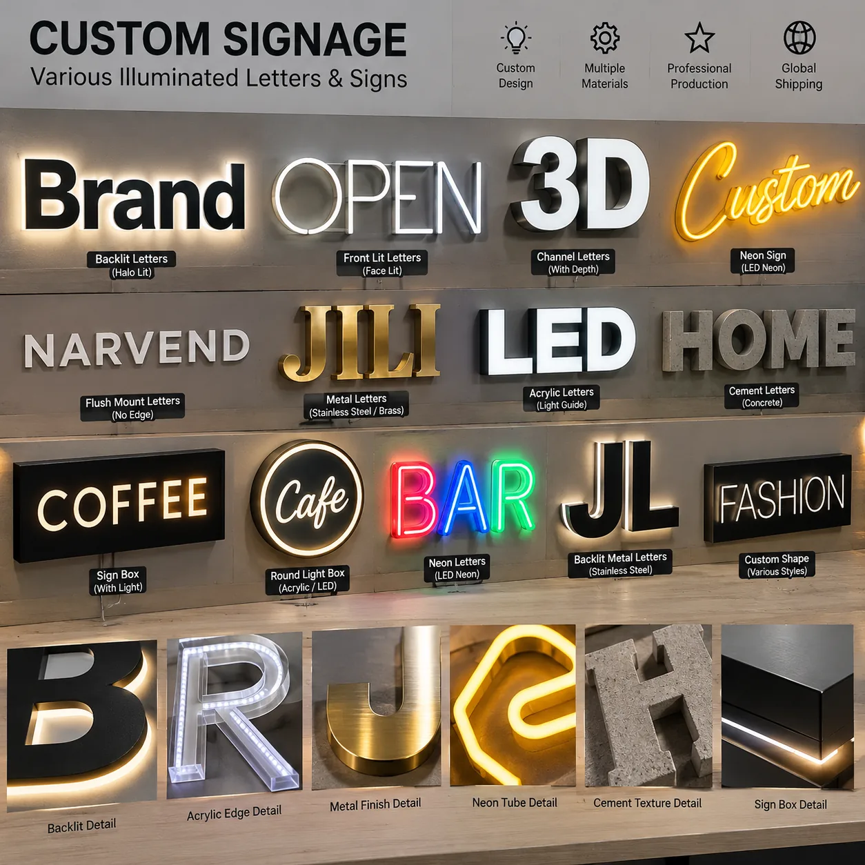 PEXEO product range board — backlit, front-lit, channel, neon and metal letters, light boxes and construction details